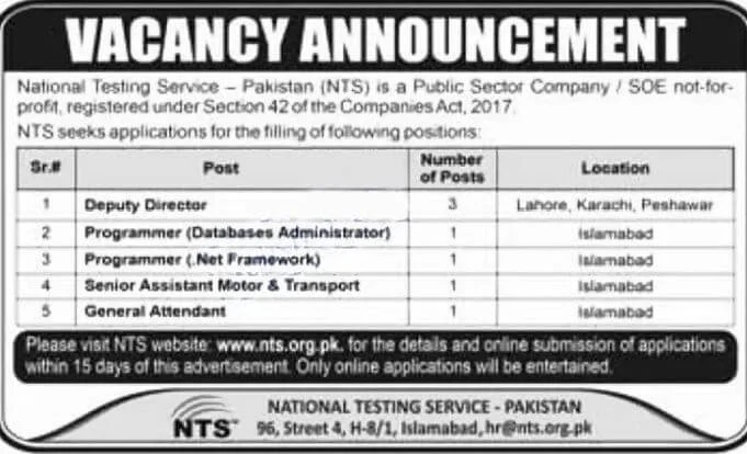 National Testing Services of Pakistan Jobs