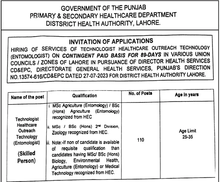 District Health Authority DHA Lahore Jobs