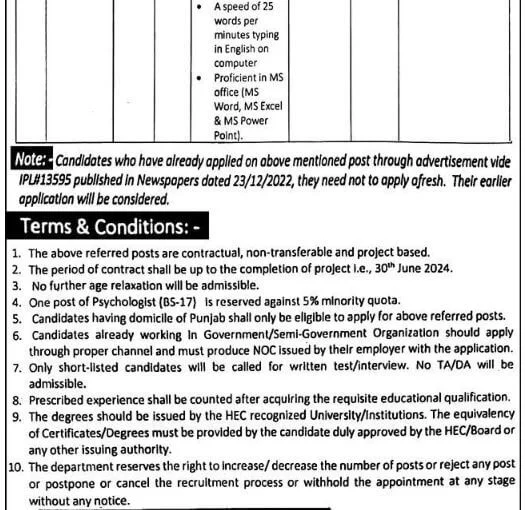 Population Welfare Department Jobs in Punjab