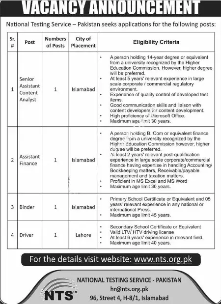 National Testing Service NTS Jobs